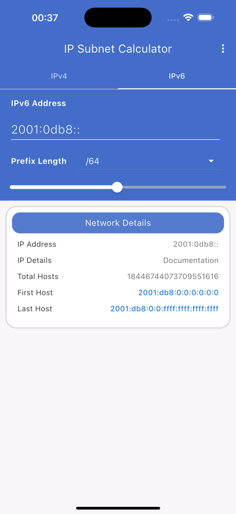 IP Subnet Calculator app interface showing IPv6 network details and host ranges