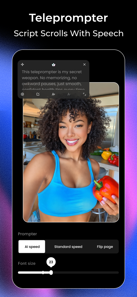 Vmake: AI Talking Video Editor - Interfaz de la aplicación Vmake mostrando la función de teleprompter IA con un guion desplazándose sobre una grabación de video de una creadora.
