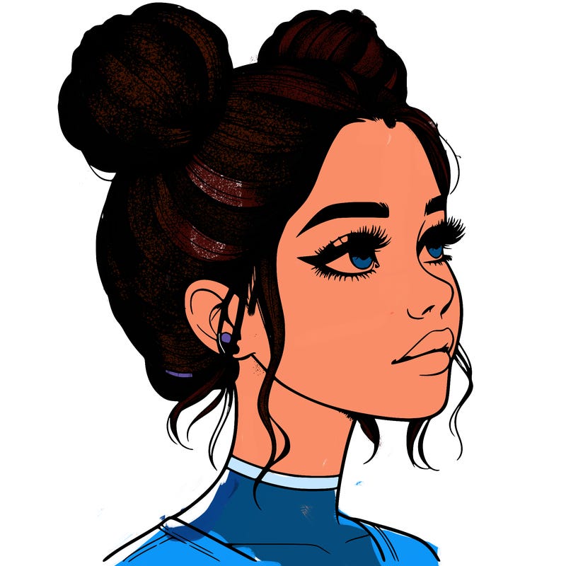 realistic girl with buns on the top of her head