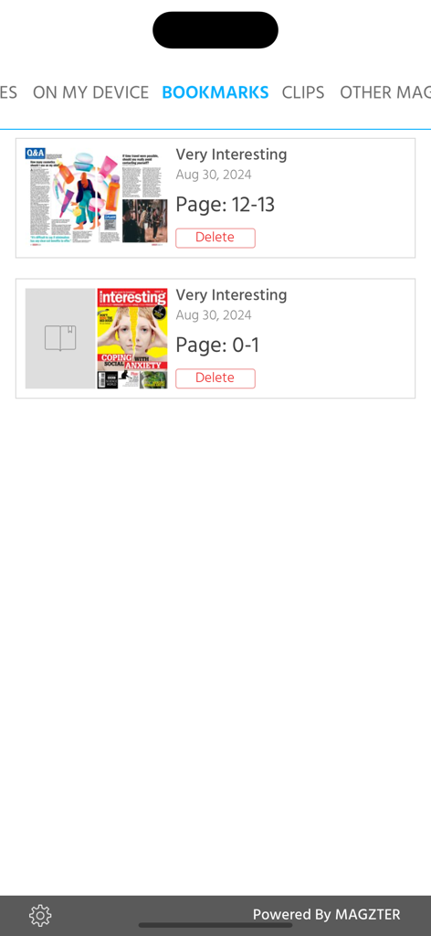 Sección de marcadores de la aplicación de la revista Very Interesting que muestra páginas guardadas y fechas de publicación