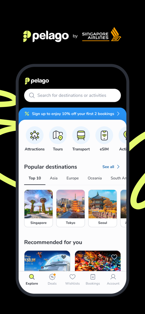 Pelago by Singapore Airlines app interface showing travel destinations and activity booking categories