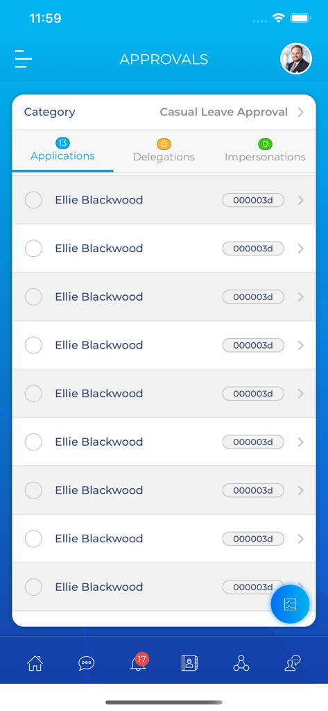 PeoplesHR Mobile - Casual leave approval dashboard in the PeoplesHR Mobile app showing a list of employee applications