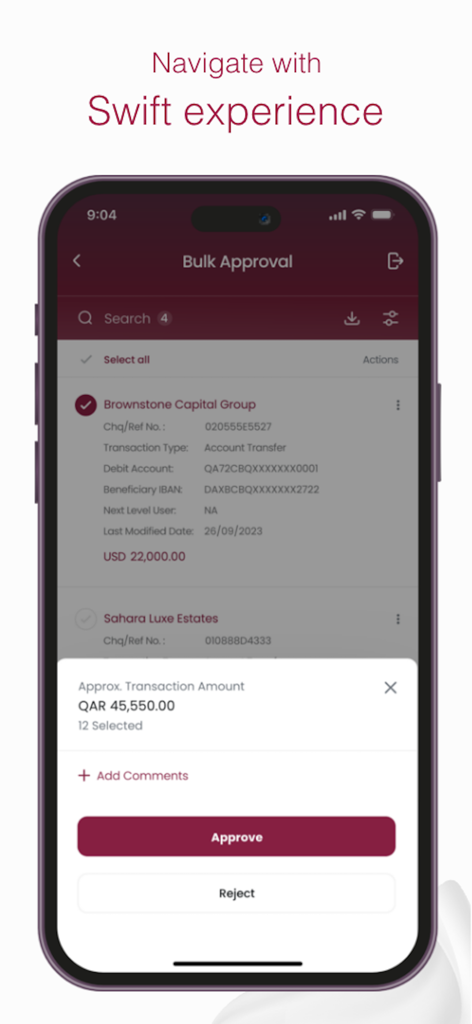 CB Corporate Banking - CB Corporate Banking app bulk approval screen for managing corporate transactions