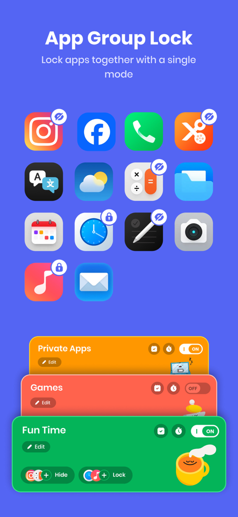 AppLock - App Lock & Guard - AppLock interface showing the App Group Lock feature with customizable modes for Private Apps Games and Fun Time.