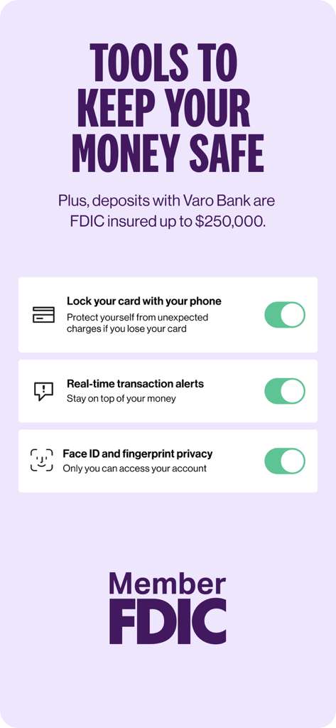 Varo Bank app screen displaying security features like card lock and transaction alerts with FDIC insurance notice