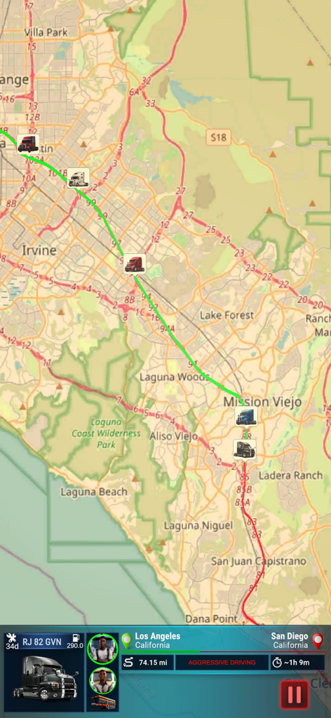 Virtual Truck Manager 3 - Real-time truck route tracking map on a California highway in Virtual Truck Manager 3.