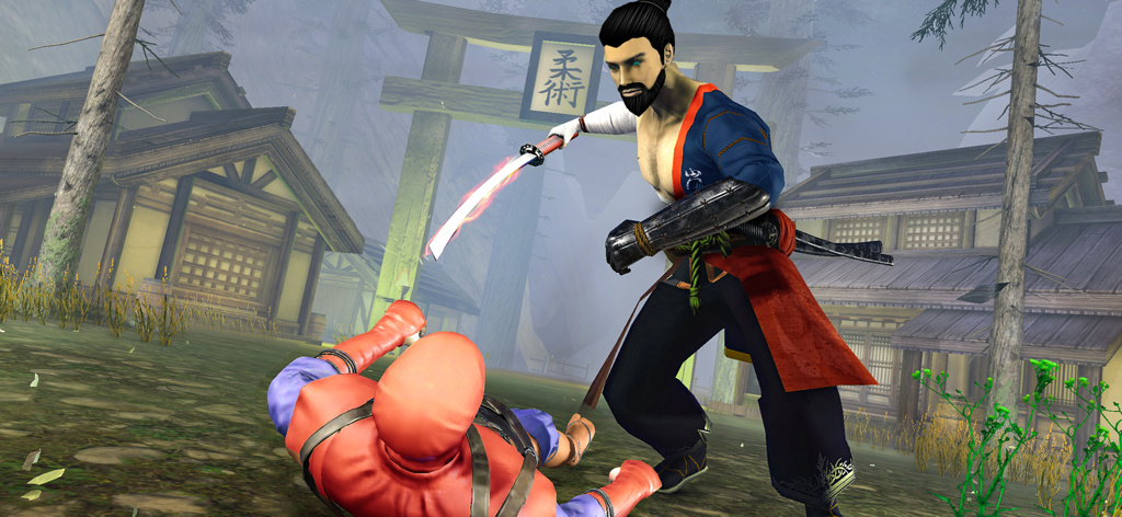 Shadow Ninja Assassin Fight - A samurai warrior with a glowing katana stands over a defeated ninja in a medieval Japanese village.