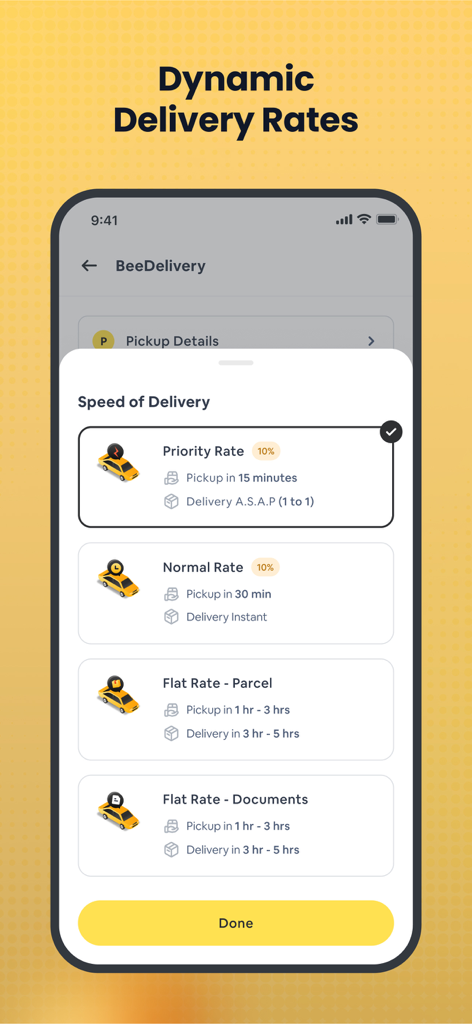 Bee: Be Quick, Be Efficient - Interfaz de la aplicación Bee que muestra tarifas de entrega dinámicas para opciones de envío normal, prioritario y tarifa fija