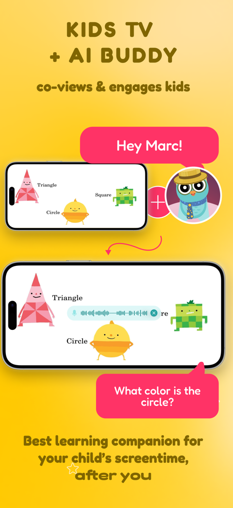 Kidzovo: Kids TV with AI Buddy - A preview of the Kidzovo app showing the AI buddy Ovo interacting with a child by asking questions during an educational shapes video