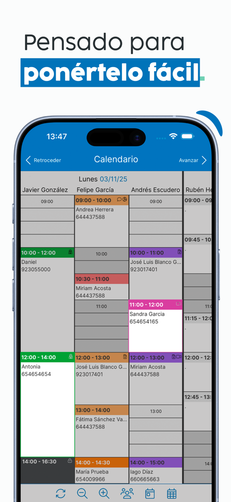 Archivex Clinical mobile app displaying a detailed clinic appointment calendar for multiple practitioners