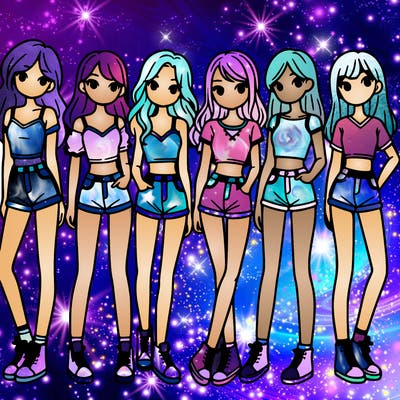 a group of girls wearing crop tops and shorts