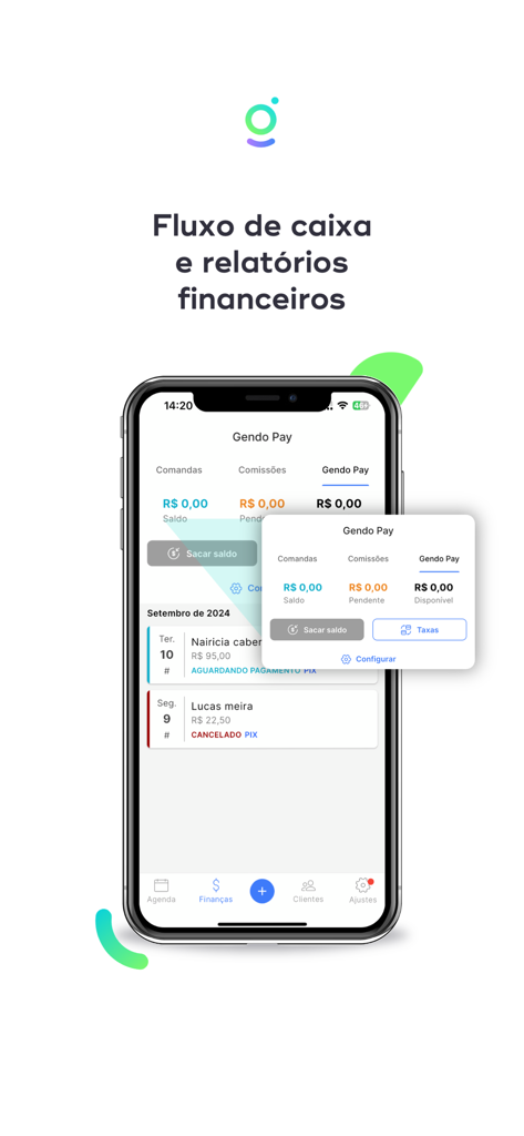 Interface do aplicativo móvel Gendo Profissionais exibindo relatórios financeiros e fluxo de caixa para empreendedores de serviços