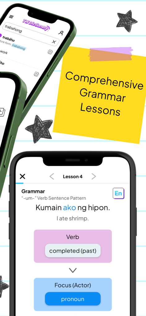Turong Wika - Learn Tagalog - Screens of the Turong Wika app showing Tagalog grammar lessons and dictionary search