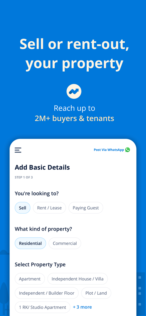99acres - Property Search - Interface of the 99acres app showing the steps to add basic details for selling or renting a residential or commercial property