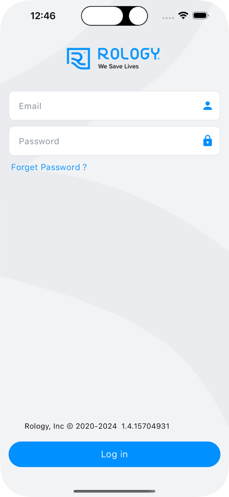 Rology - Pantalla de inicio de sesión de la aplicación Rology para profesionales médicos que muestra los campos de entrada de correo electrónico y contraseña