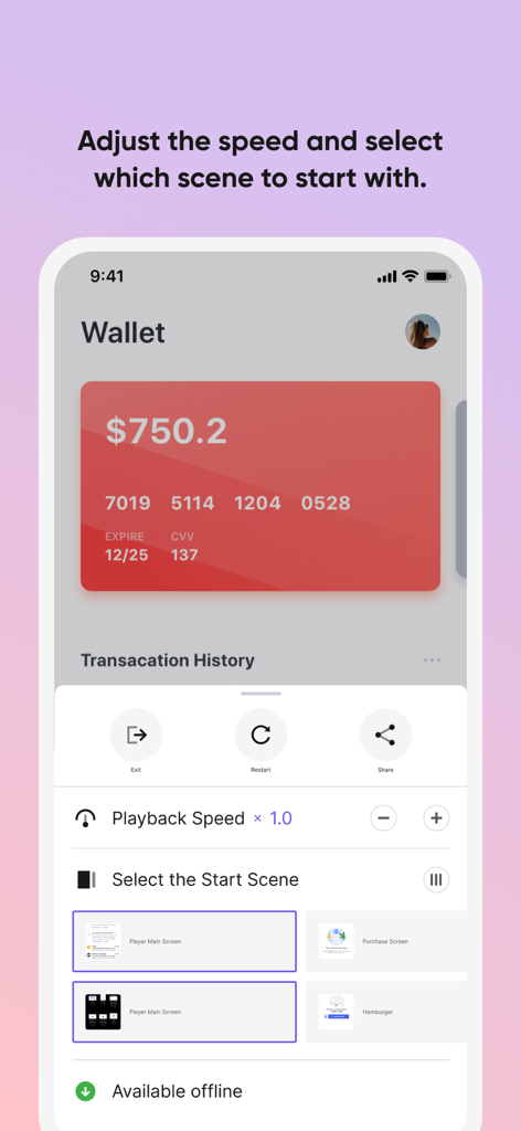 Interface do ProtoPie Player mostrando opções para ajustar a velocidade de reprodução e selecionar uma cena inicial para um protótipo de carteira móvel