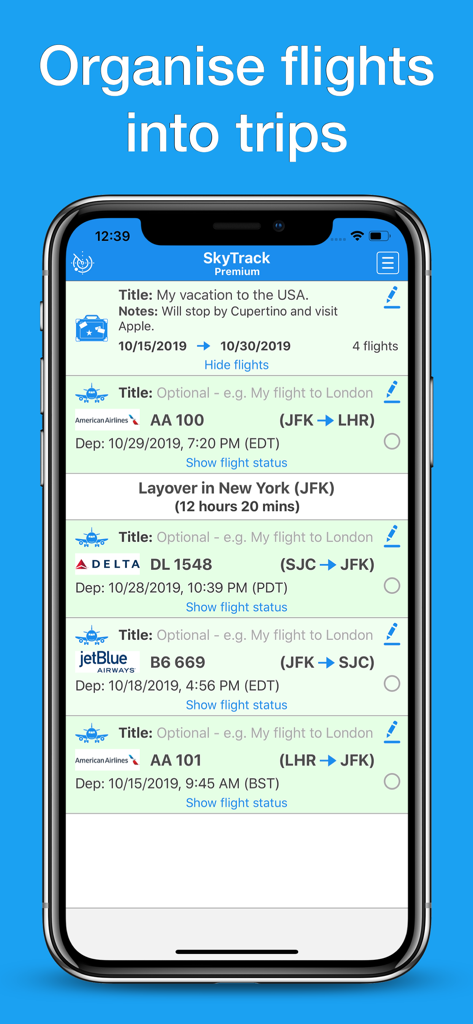 Captura de pantalla de la interfaz de la aplicación SkyTrack que muestra un registro de vuelos con una lista de vuelos organizados para un viaje de vacaciones en EE. UU.