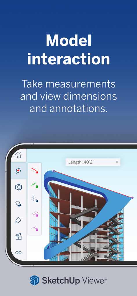 Interface do aplicativo SketchUp Viewer mostrando medições e anotações de modelo arquitetônico 3D.