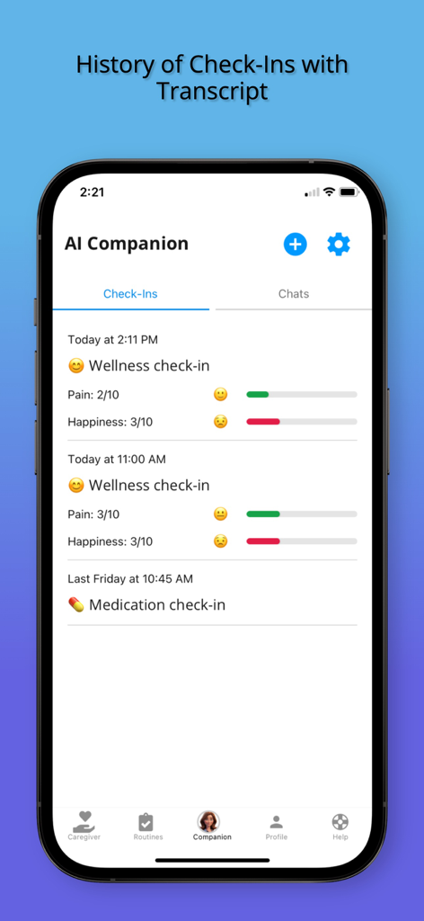 ONSCREEN Family - Senior Care - ONSCREEN app AI Companion screen showing a history of wellness and medication check-ins for a senior