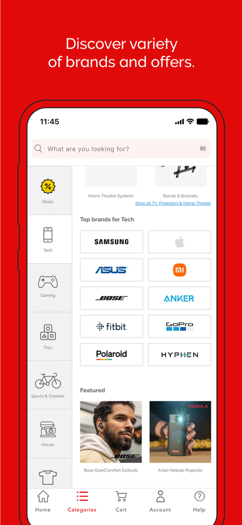 Virgin Megastore app interface displaying top tech brands and category navigation