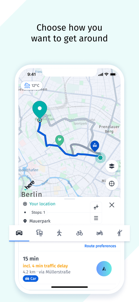 HERE WeGo navigation screen showing a map route with various transport modes like car transit and walking