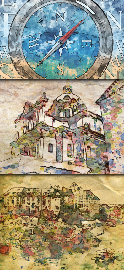 PhotoArtista - Oil - Three vertical panels showing a compass and old buildings transformed into watercolor and sketch art