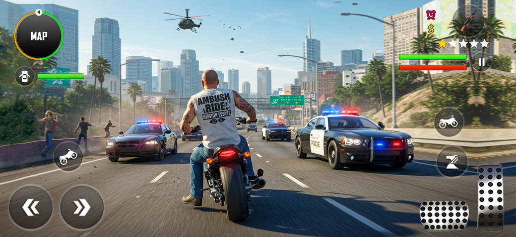 A man on a motorcycle fleeing from police cars on a city highway in Ambush Mafia Gangster Games.