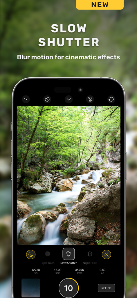 iPhone screen displaying Nightcam app featuring slow shutter mode to capture a cinematic motion blur on a forest waterfall.