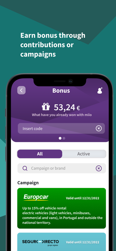 miio - miio アプリのボーナス画面。電気自動車のレンタル割引と、報酬残高が表示されています