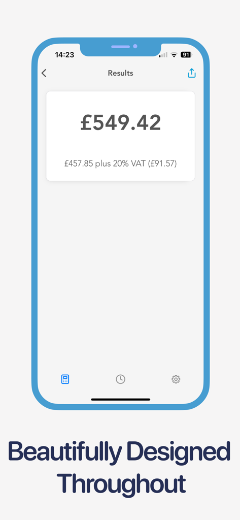 VAT Calculator (UK) - iPhone screen displaying a VAT calculation result with a minimalist design