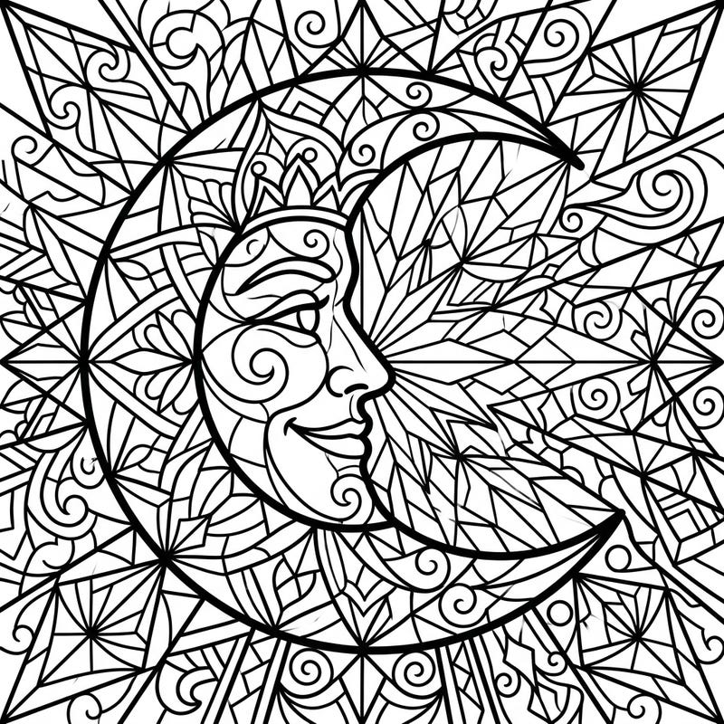 Dive into a world of celestial wonder with this Half Moon Stained Glass coloring page. Its intricate patterns and bold lines promise a captivating and relaxing artistic journey.