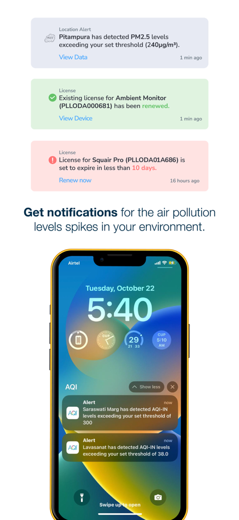 Air quality alerts and pollution spike notifications on a mobile phone lock screen.
