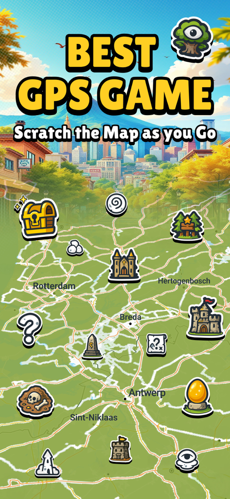 MysteryHike app screenshot featuring a map with game icons and text stating Best GPS Game Scratch the Map as you Go