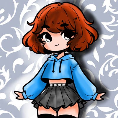 cute femboy with short, fluffy hair that softly frames their face, wearing a cropped hoodie, paired with a flouncy short skirt, and thigh-high stockings