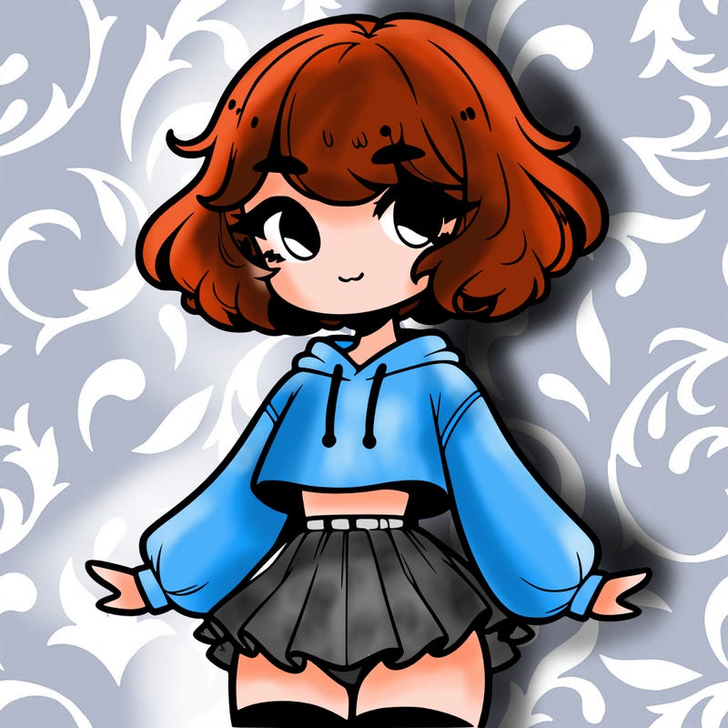 cute femboy with short, fluffy hair that softly frames their face, wearing a cropped hoodie, paired with a flouncy short skirt, and thigh-high stockings