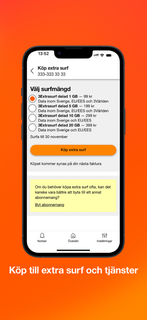 Mitt3 mobile app screen showing options to purchase extra data in Sweden and EU for a telecom subscription.
