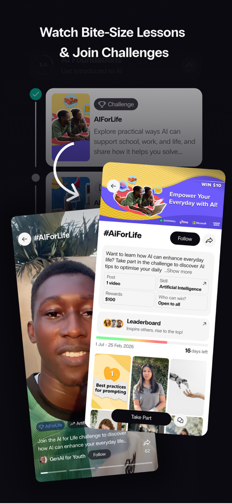 Goodwall app interface showing bite size lessons and artificial intelligence challenges to earn rewards
