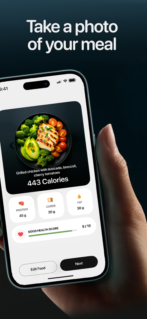 Tela de um smartphone mostrando o aplicativo Calorie AI analisando uma foto de refeição para exibir dados de calorias e macronutrientes.