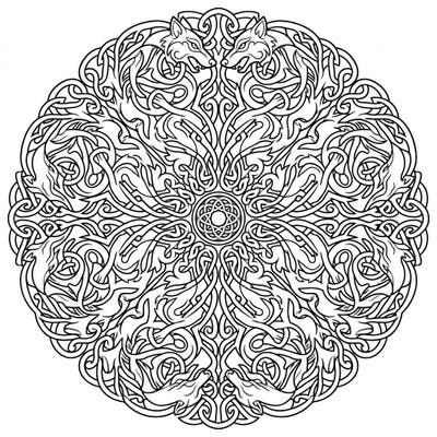 Dive into the mythical world of Celtic design with this stunning wolf knot mandala. Its intricate patterns and majestic wolf heads offer a uniquely engaging coloring challenge for all ages.