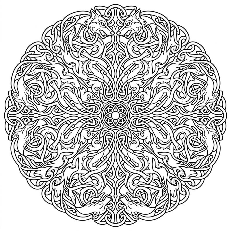 Dive into the mythical world of Celtic design with this stunning wolf knot mandala. Its intricate patterns and majestic wolf heads offer a uniquely engaging coloring challenge for all ages.