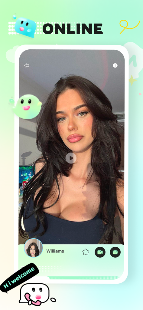 Joiy：Adult，Chat & Social Hub - Um perfil de usuário no aplicativo Joiy com um vídeo em miniatura de uma mulher chamada Williams com opções de videochamada e mensagens.