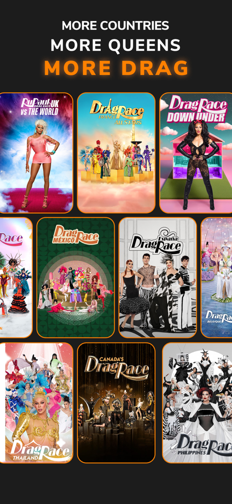 A variety of international Drag Race show posters highlighting global drag talent.