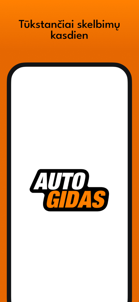 Écran de démarrage de l'application mobile du marché automobile Autogidas avec le logo.