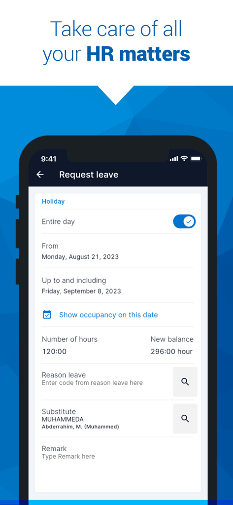 AFAS Pocket - AFAS Pocket app interface for requesting employee leave and managing holiday balance