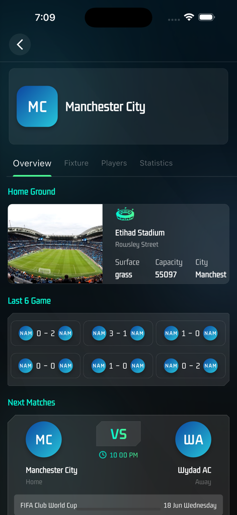 Huba Football - Pantalla de resumen del equipo de la aplicación Huba Football para el Manchester City con detalles del estadio e historial de partidos recientes.