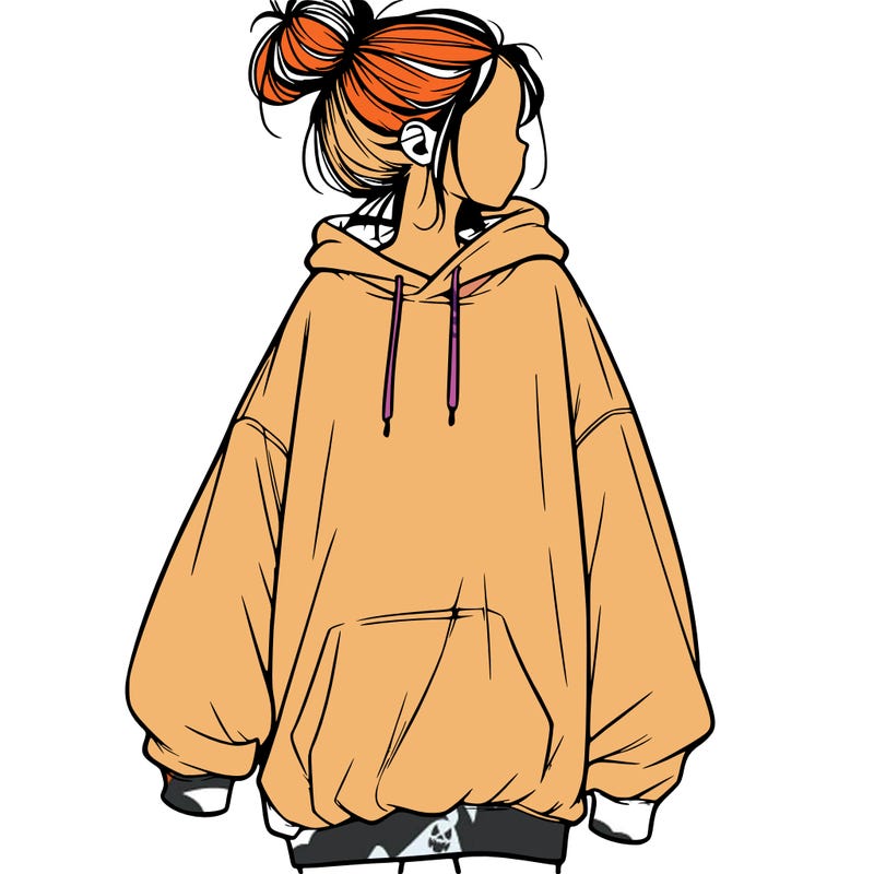 realistic girl with a oversized sweatshirt on and a bun