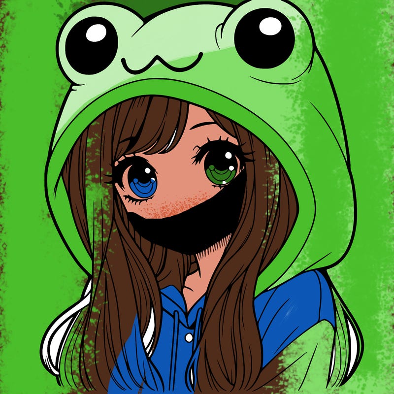 a pretty girl wearing a frog hoodie portrait with long hair
