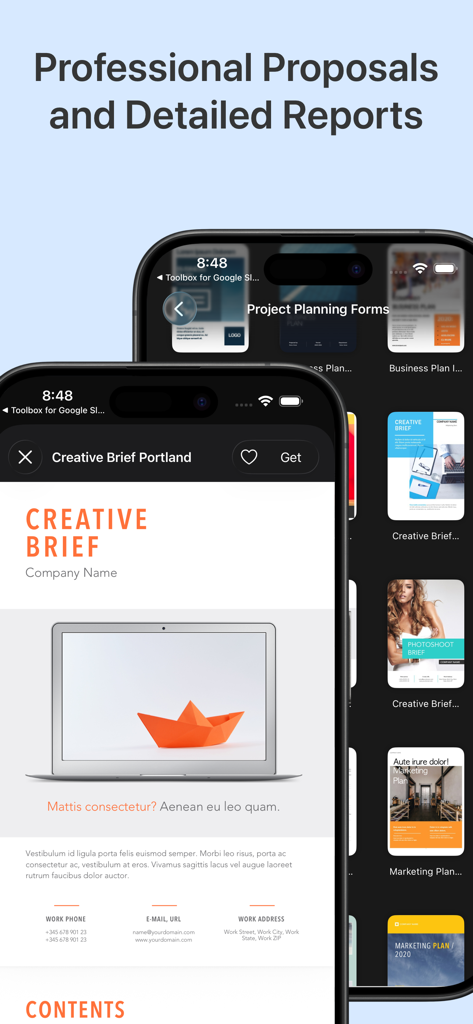 Aplicación Toolbox para Google Docs mostrando plantillas profesionales de propuestas de negocios e informes en dispositivos móviles.