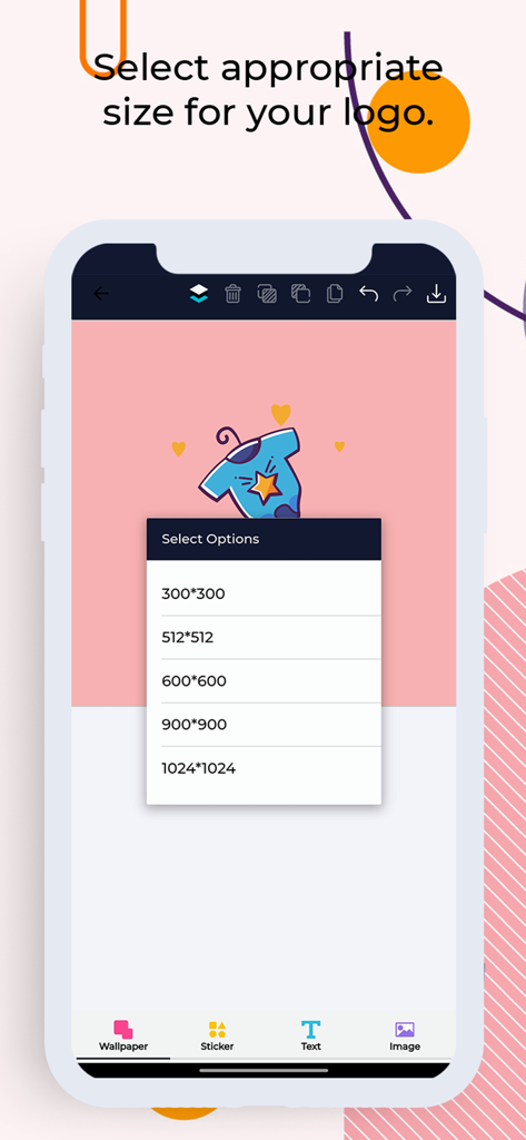Logo Creator - Logo Maker - Una interfaz de aplicación móvil que muestra un menú para seleccionar la resolución de un logo recién creado