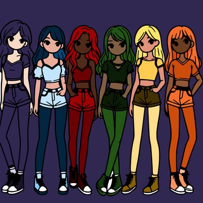 a group of girls wearing crop tops and shorts